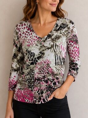Chagall Vintage Abstract Animal Print Blouse Women’s Small V-Neck 3/4 Sleeve Top